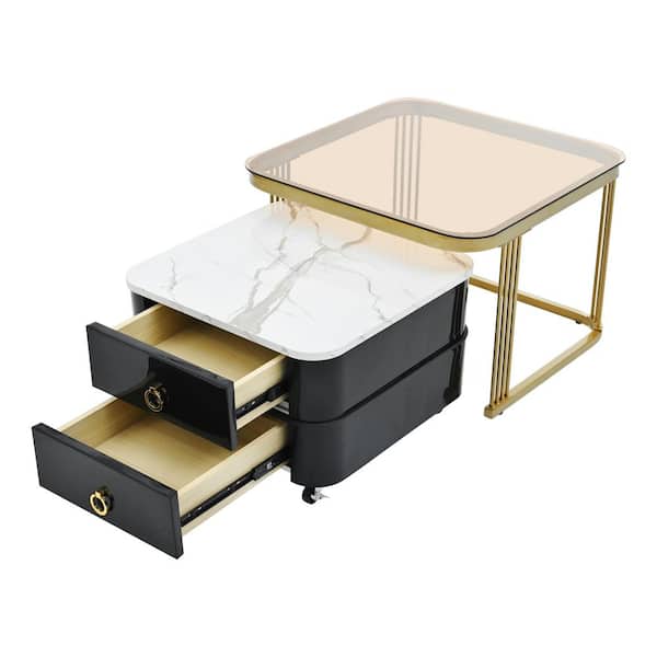 Zeus & Ruta 2-in-1 Black and Gold Square Nesting Coffee Table with Wheels and Drawers, High Gloss Marble Grain Top for Living Room