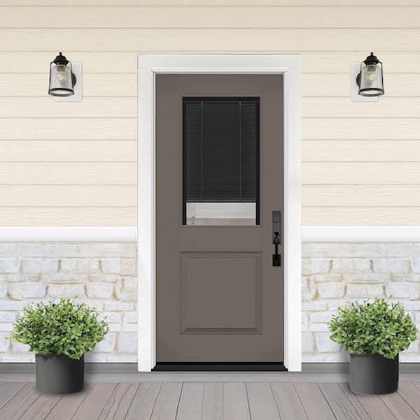 Legacy 32 in. x 80 in. 1/2 Lite Clear Glass Noir Miniblind LHIS Kindling Finish Fiberglass Prehung Door w/4-9/16in. Jamb