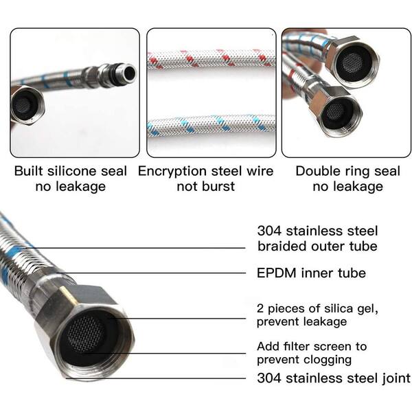 thumbnail interactive-video image 1 of Braided Stainless Steel Water Hose 2-Pack 24 Inch Braided Stainless Steel - 3/8\" Compression X M10 Male Connector Faucet Supply Lines 1 of 9