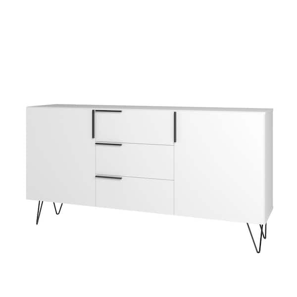 Manhattan Comfort Beekman Mid-Century Modern White Composite Wood 62.99 in. Sideboard with 4-Storage Shelves and 3-Drawers
