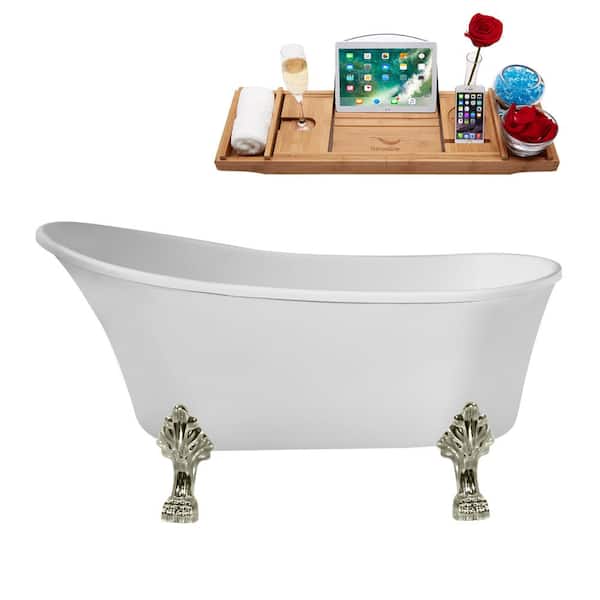 55 in. Acrylic Clawfoot Non-Whirlpool Bathtub in Glossy White With Brushed Nickel Clawfeet And Brushed Nickel Drain