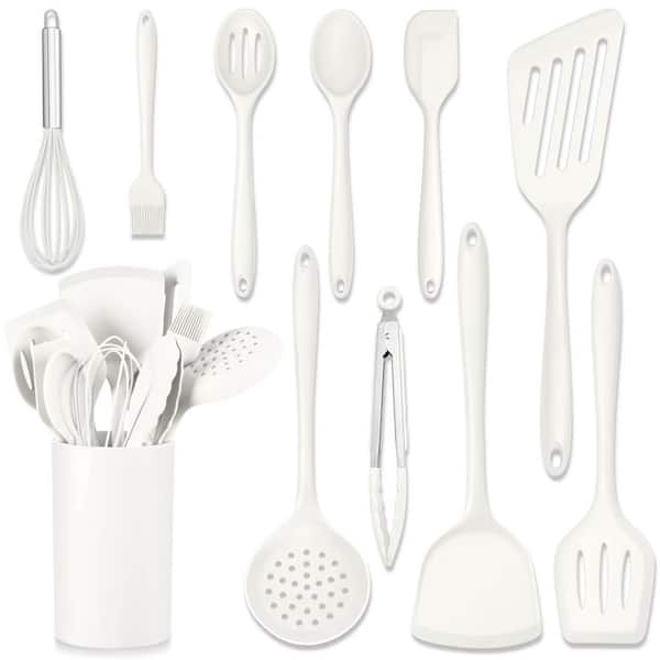 11 Piece Silicone Cooking Utensil Set White Heat Resistant Nonstick Kitchen Tools with Holder for Cookware