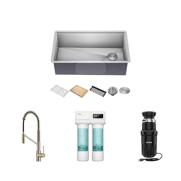 32 in. Undermount Sink, Oletto Pull-Down Faucet, Purita Filtration System, and 1/2 HP Garbage Disposal Combo