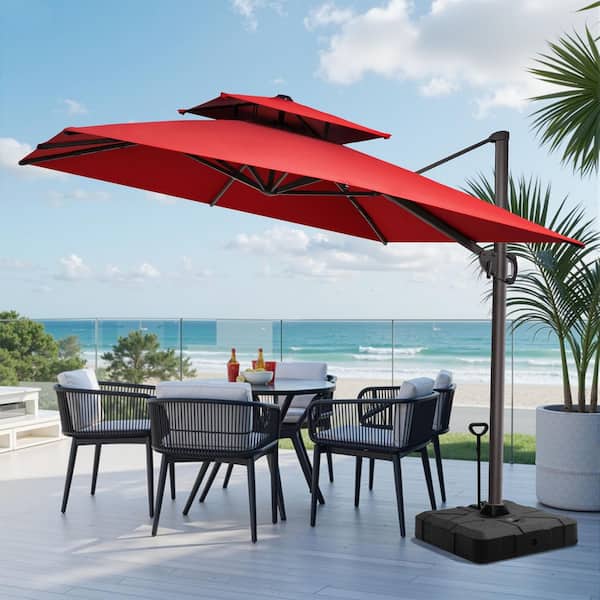 Pellebant 9.5 ft. x 9.5 ft. Double Top Aluminum Outdoor Patio Tiltable 360° Rotation Cantilever Umbrella in Red, 300 lbs. Stand