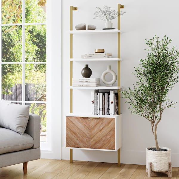 Nathan James Theo 73 in. H x 24 in. W Modern Bookcase with Cabinet with Herringbone, White Shelves and Metal Frame for Living Room