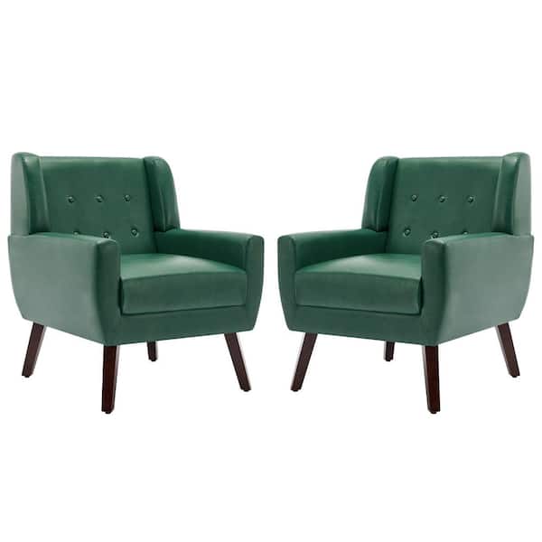 Uixe Mid-Century Modern Button Green PU Leather Accent Arm Chair (Set of 2)