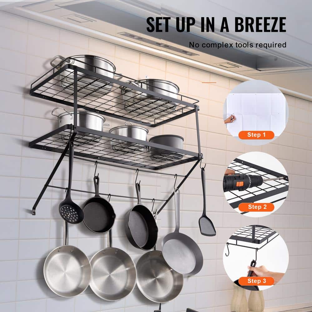 Black Carbon Steel Wall-Mounted Pot Rack with 12 Hooks