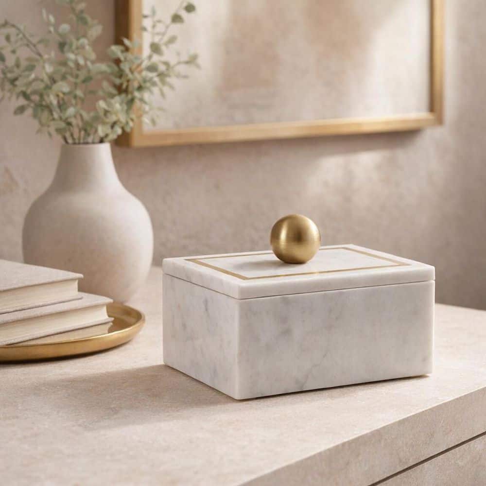 White 7 in. x 5 in. Marble Rectangular Decorative Box