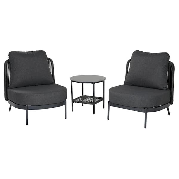 Clihome 3-Piece Wicker Patio Conversation Set with 2-tier Side Table and Ottoman, Grey Cushions