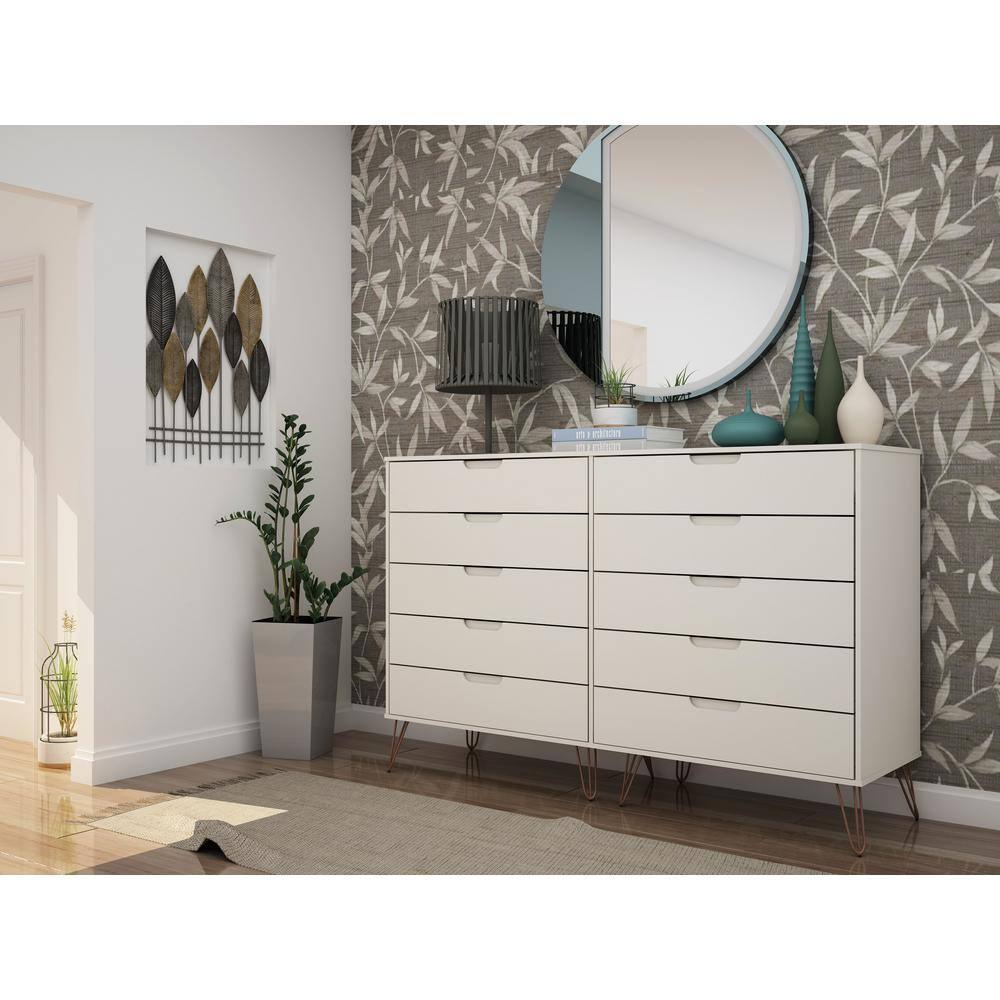 Mid-Century Modern Double Tall Dresser in Off White with Metal Legs