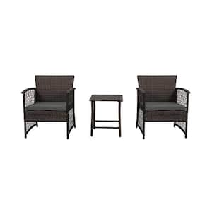 Highland Coffee 3-Piece Woven Rattan Wicker Patio Conversation Set with Gray Cushions