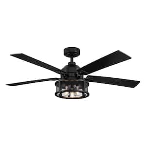52 in. Industrial Mesh Metal Reversible Blades Black Ceiling Fan with Remote Control and Light Kit