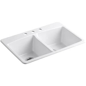 Brookfield Drop-In Cast-Iron 33 in. 3-Hole Double Bowl Kitchen Sink in White