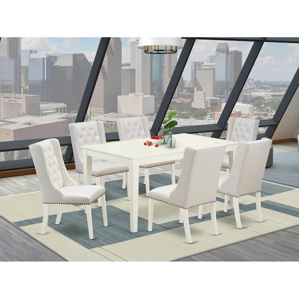 East West Furniture 7-Piece Rectangle Linen White Finish Solid Wood Top Dining Table with 6 Chairs with Lattice Back
