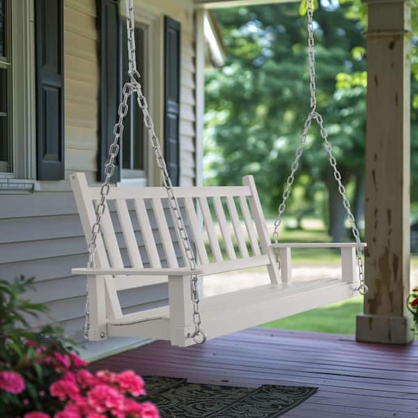 4 ft. Wood Patio Porch Swing Outdoor With Chains and Curved Bench, White