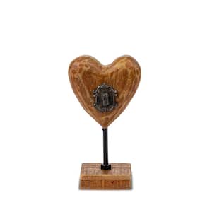 10.24 in. H Brown Hand Carved Wood and Metal Hear with Key
