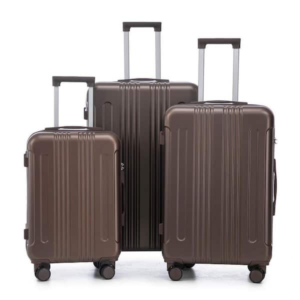 3 Pcs Brown ABS Plastic Hardside Spinner Wheels Luggage Set w/ Combination Lock