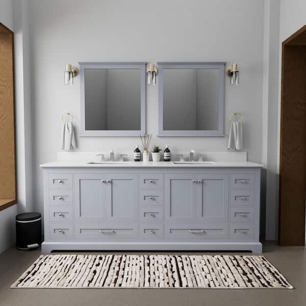 Lexora Dukes 84 in. W x 22 in. D Dark Grey Double Bath Vanity, White Quartz Top, Faucet Set, and 34 in. Mirrors