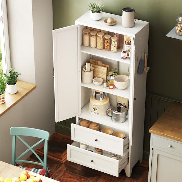 Bobbie White Metal 72 in. Kitchen Pantry Cabinet with 2 Doors and 2 Drawers