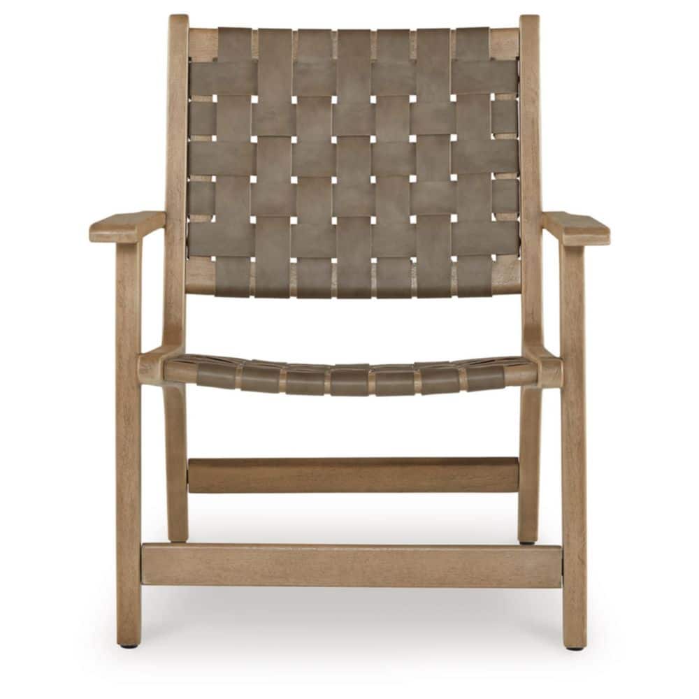 Beige Leather and Wood Woven Accent Chair