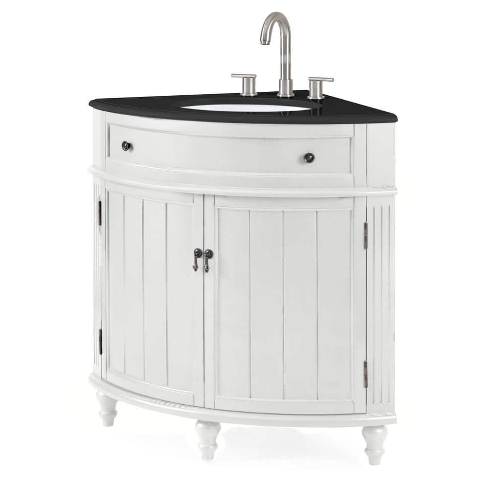 White Corner Freestanding Bathroom Vanity with Black Granite Top