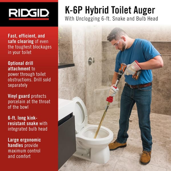 K-6P Hybrid Toilet Snake Auger, Cable Extends to 6 ft. with Integrated Bulb Head (Manual or Cordless Drill Operated)