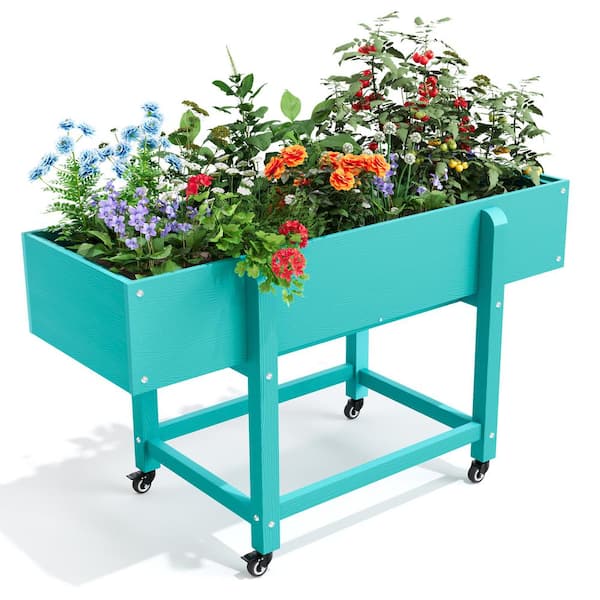 LUE BONA 48 in. x 16.7 in. x 28 in. Aruba Blue Plastic Raised Garden Bed with Lockable Wheels, Liner