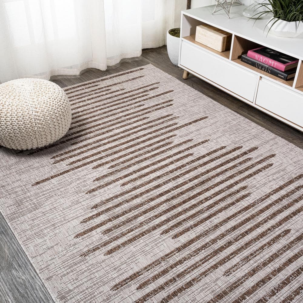 Beige and Brown Stripe Synthetic Indoor/Outdoor Area Rug