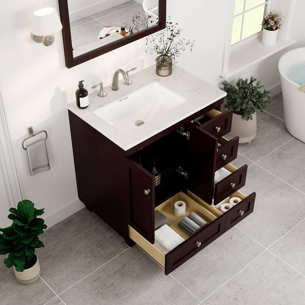 Acclaim 30" Teak Bathroom Vanity with White Quartz Top