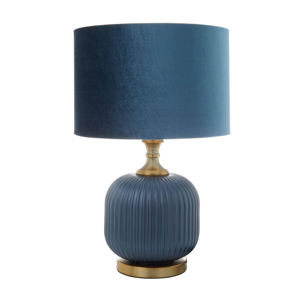 20" Matte Blue Glass Table Lamp with Velvet Shade and Gold Base