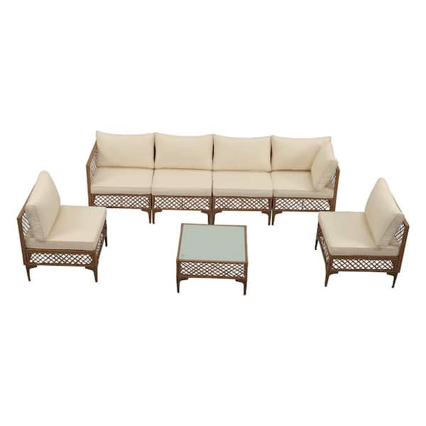 Vintage 7-Piece Wicker Outdoor Sectional Sofa Set Seating Group Conversation Set with Beige Cushions and a Coffee Table