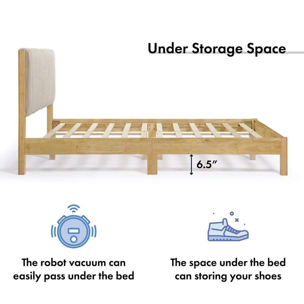 Alder Light Brown Rubberwood Queen Bed with Upholstered Headboard