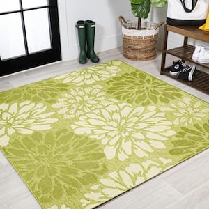 Zinnia Modern Floral Textured Weave Green/Cream 5 ft. Square Indoor/Outdoor Area Rug
