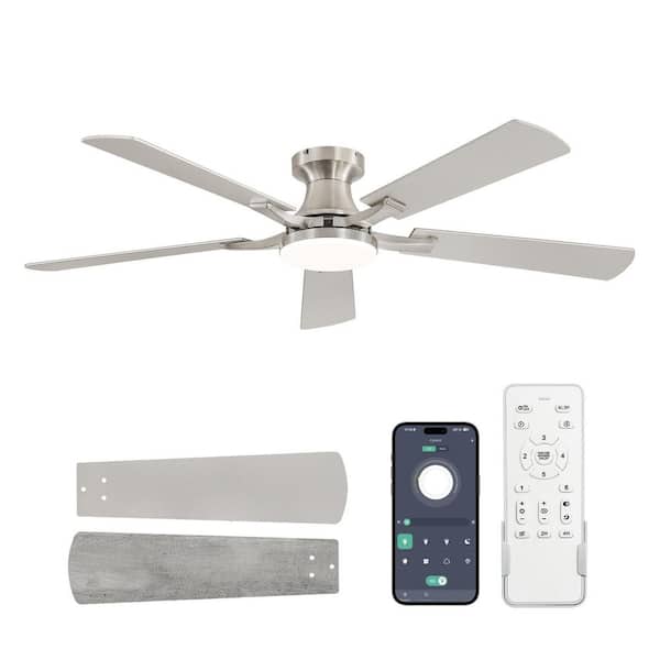 52 in. indoor Dimmable Brushed Nickel 6-Speed Flush Mount Ceiling Fan with Adjustable LED and Remote Control