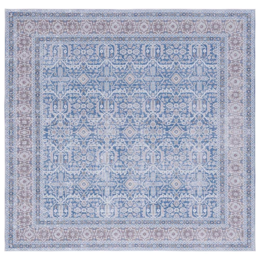 Blue and Rust 6' x 6' Square Washable Synthetic Area Rug