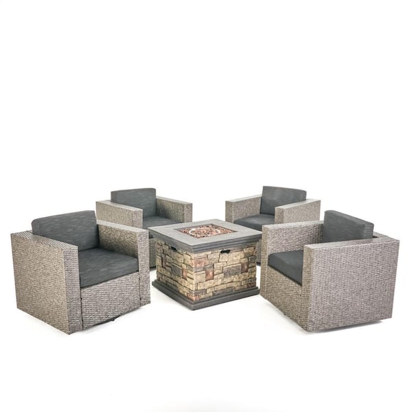 Puerta Mixed Black 5-Piece Faux Rattan Patio Fire Pit Set with Dark Grey Cushions
