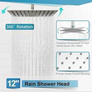 Single Handle 2-Spray Patterns 12 in. Square Ceiling Mount Rain Shower Heads with Hand Shower Faucet in Brushed Nickel