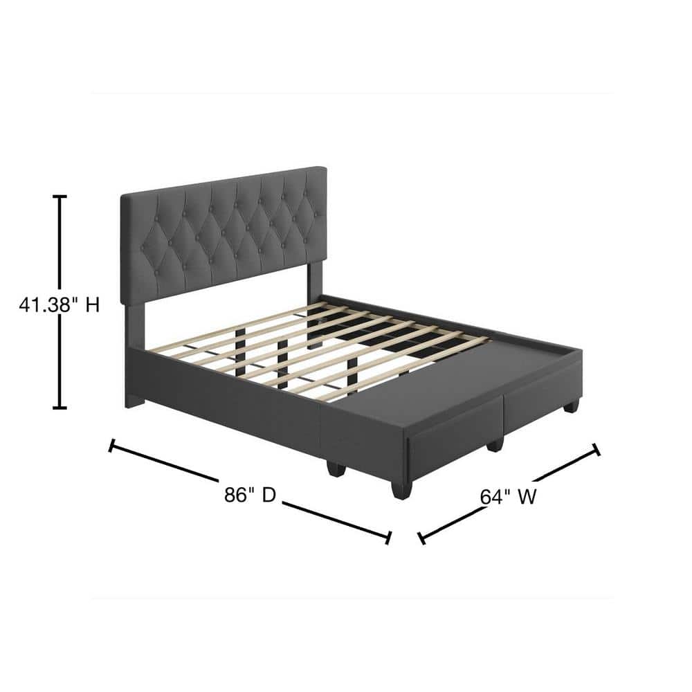 Salerno Black Queen Upholstered Platform Bed with Storage Drawers