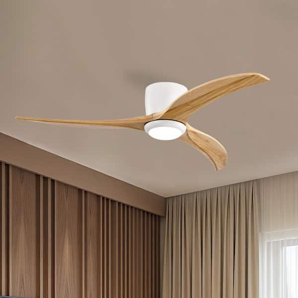 52 in. Integrated LED Indoor Flush Mount White/Oak Standard Ceiling Fan with Light and Remote DC Motor
