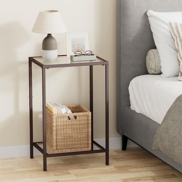 Angel Sar 15 in. Brown Rectangle Tempered Glass End Table, Modern Style End Table with 2-Tier Storage Shelves for Home (2-Pack)