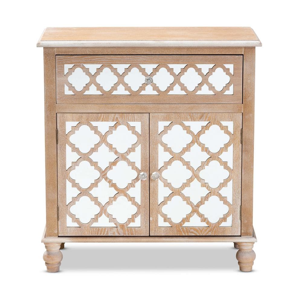 Baxton Studio Leah Whitewashed Brown and Mirrored Storage Cabinet