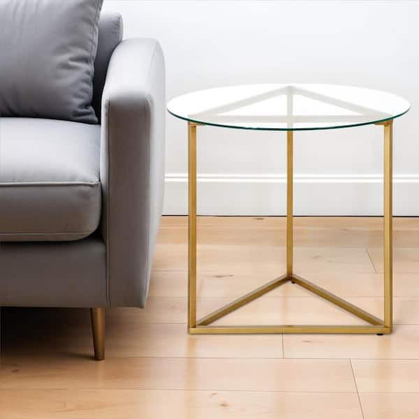 HomeRoots 24 in. Brass Round Glass End Table