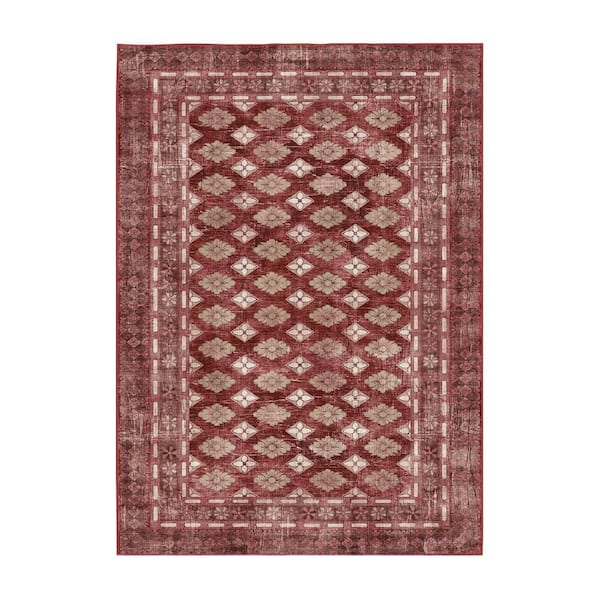 Elara Rouge Red 5 ft. x 7 ft. Bordered Floral Machine Washable Non-Slip Area Rug
