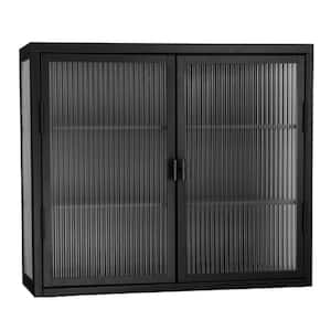 27.60 in. L x 9.10 in. H x 23.60 in. W Double Glass Door Assembled Wall Cabinet with Detachable Shelves in Black