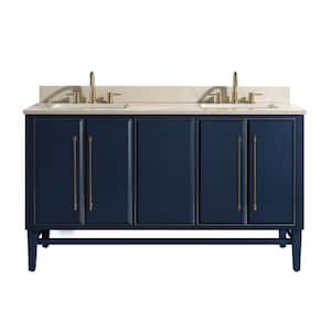 Mason 61 in. W x 22 in. D Bath Vanity in Navy Blue/Gold Trim with Marble Vanity Top in Crema Marfil with White Basins
