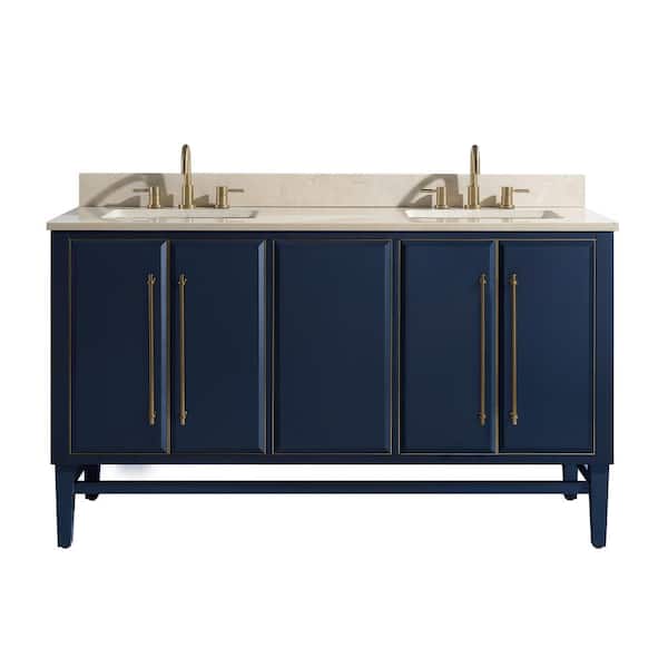 Avanity Mason 61 in. Double Sink Navy Blue with Gold Trim Bath Vanity with Crema Marfil Marble Top