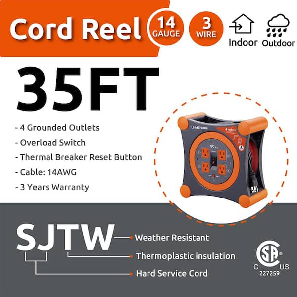 Link2Home Cord Reel Extension Cord 4 Power Outlets (35 Feet, Orange)
