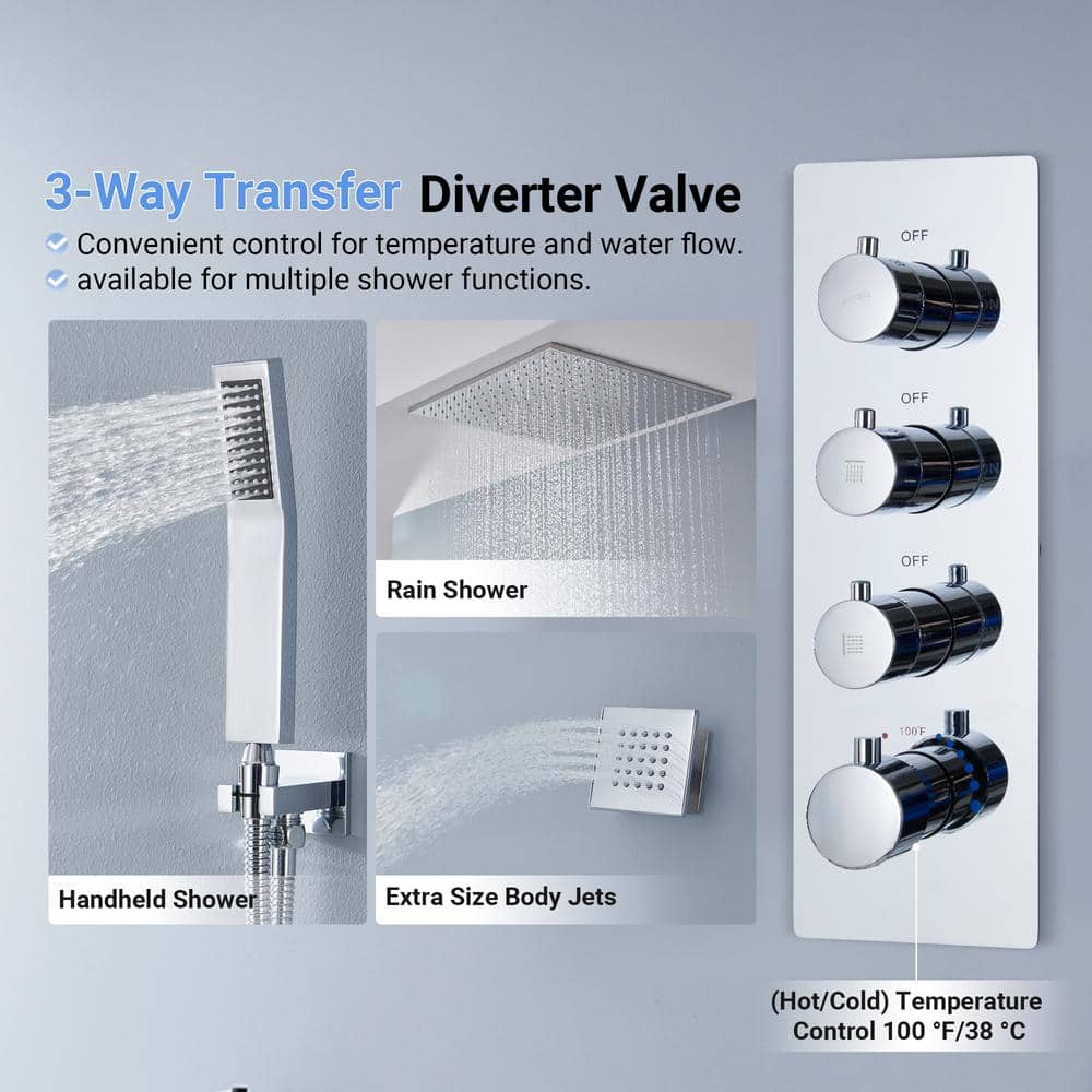 Large Chrome Dual Square Ceiling Mounted Shower System with Body Jets