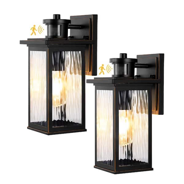 EDISHINE 12 in. Black Dimmble Motion Sensing Dusk to Dawn Outdoor Hardwired Outdoor Wall Light Lantern Scone (2-Pack)