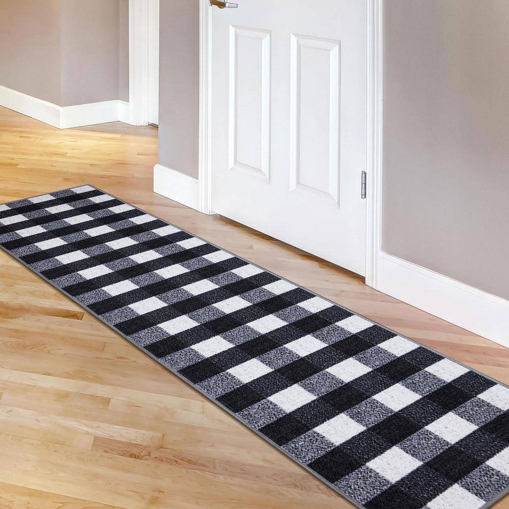 Black and White Checkered Synthetic Runner Rug 2'7" x 9'10"